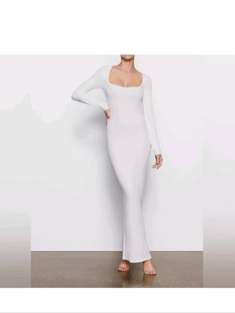Skims Women's Soft Lounge Ribbed Long Sleeve Dress Marble White Size XS